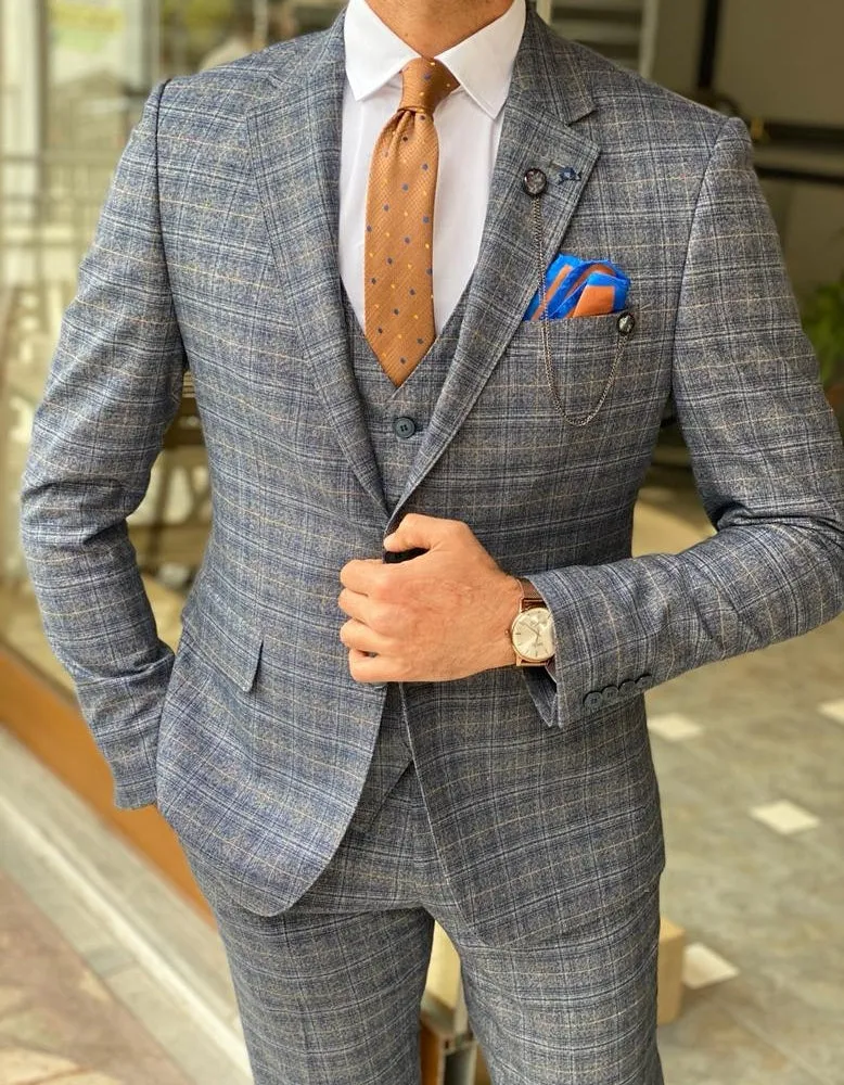 Aldo Blue Slim Fit Plaid Check Wool Suit