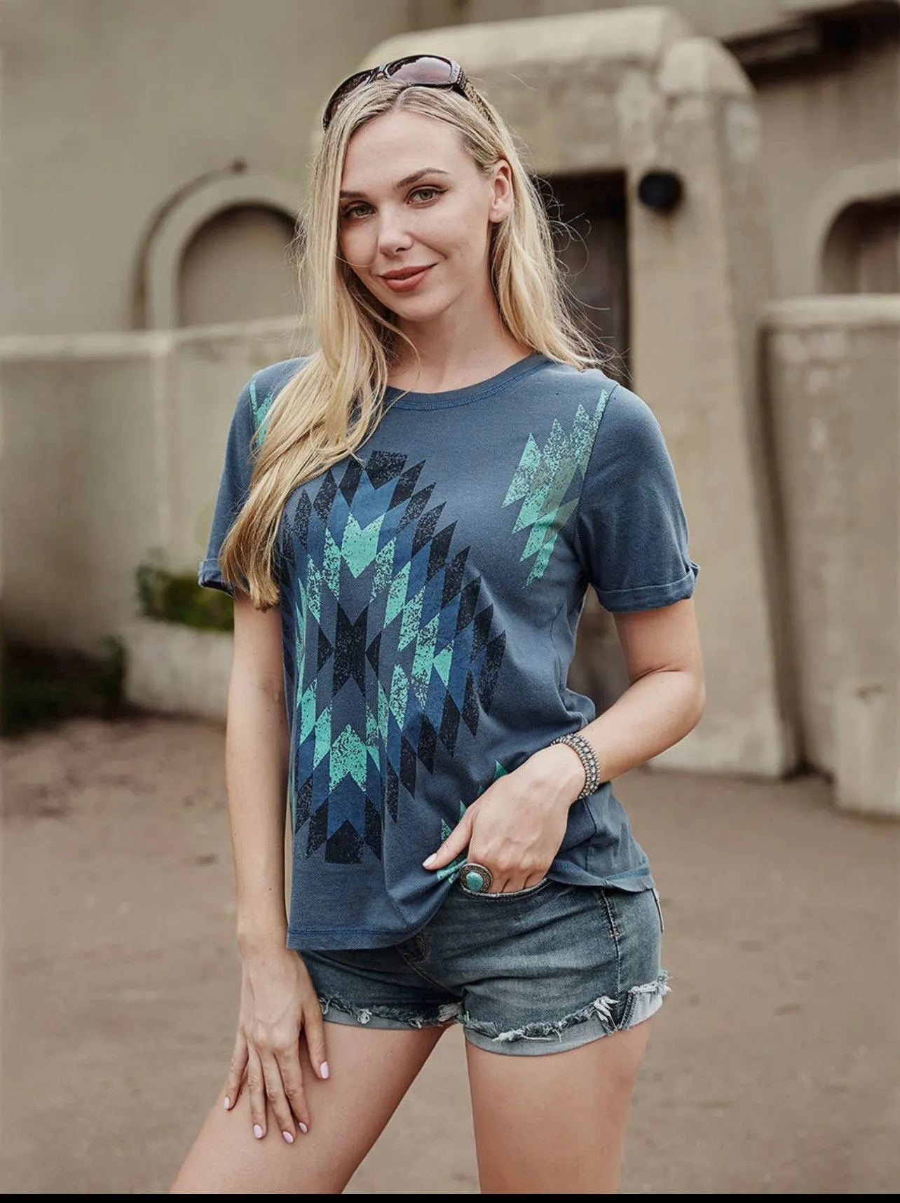 American Bling Women Mineral Wash Aztec Collection Short Sleeve Relaxed Fit Tee AB-T2107