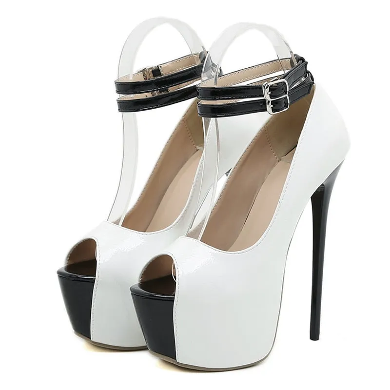 Black and White  Double Buckle Strap Platform Sandals Women Pumps