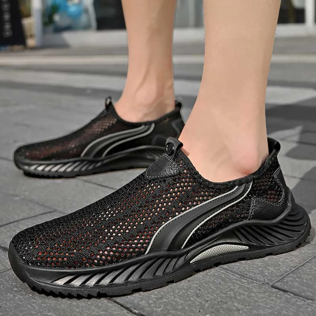 Black hollow out stripe slip on shoe sneaker