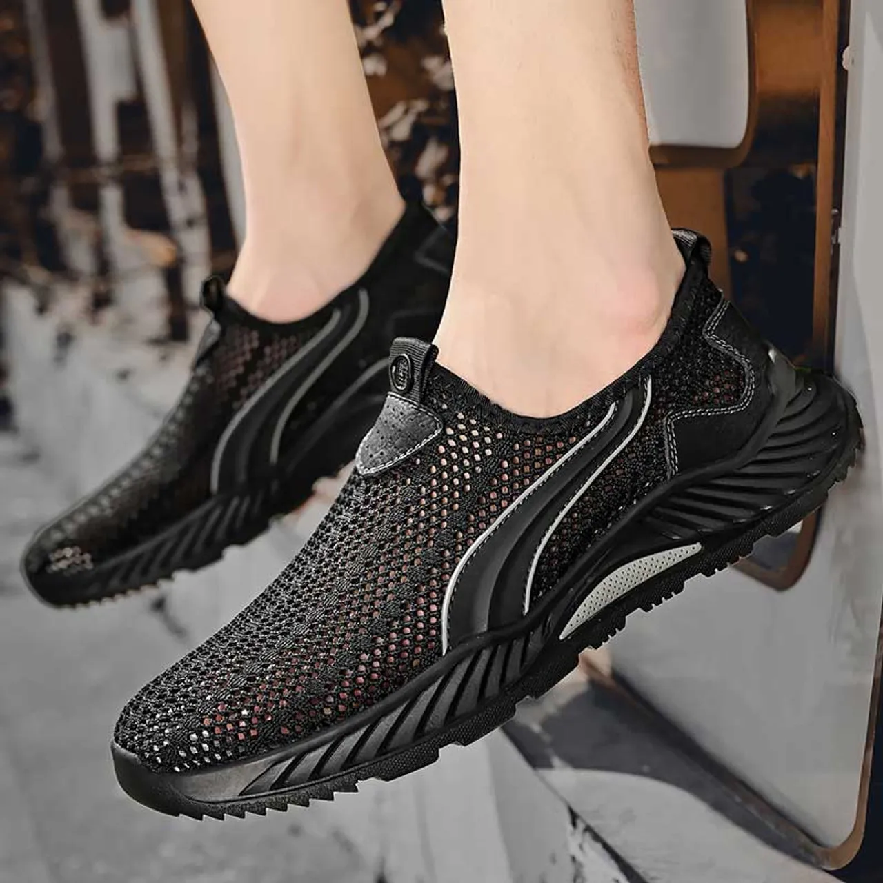 Black hollow out stripe slip on shoe sneaker