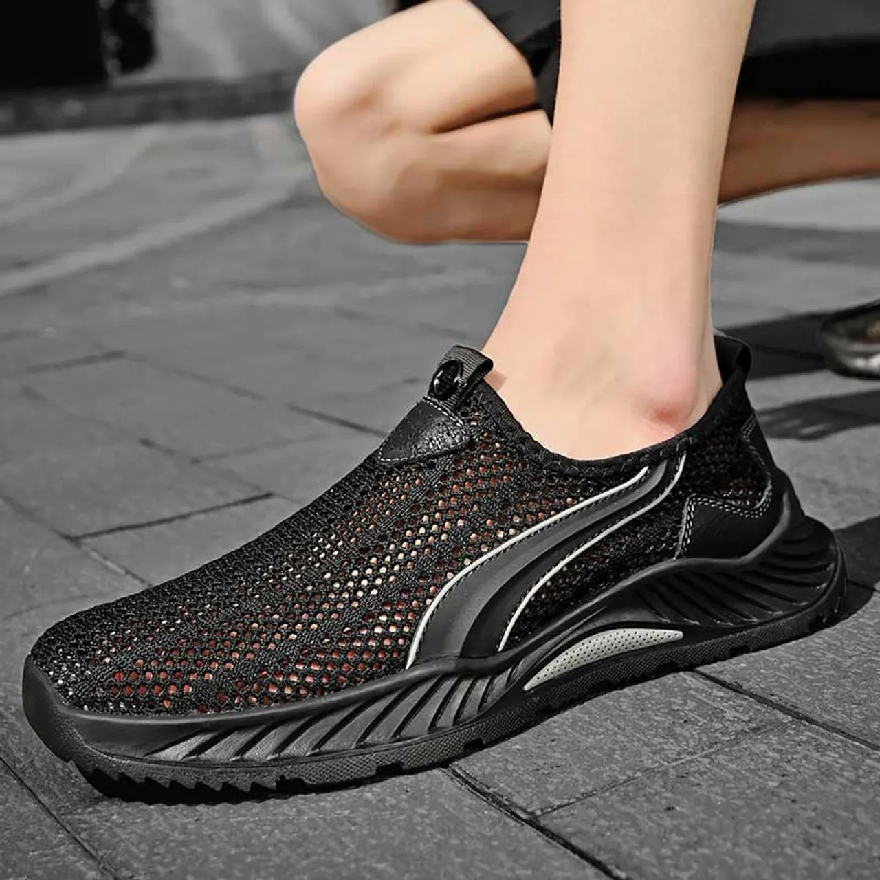 Black hollow out stripe slip on shoe sneaker