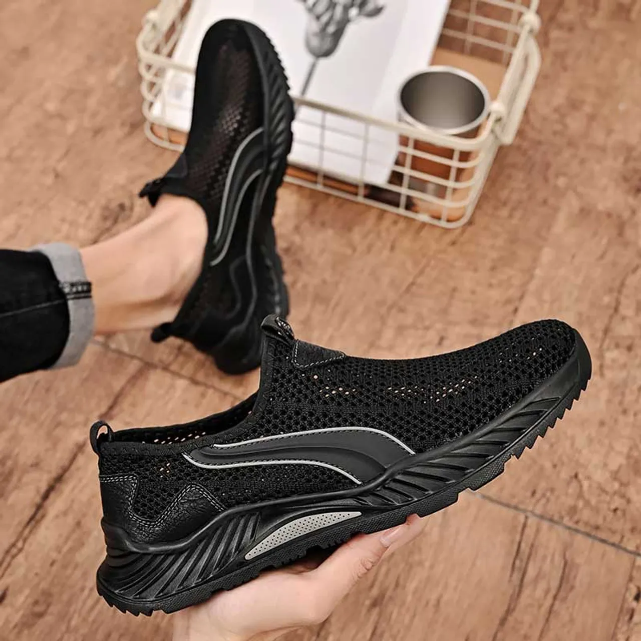 Black hollow out stripe slip on shoe sneaker