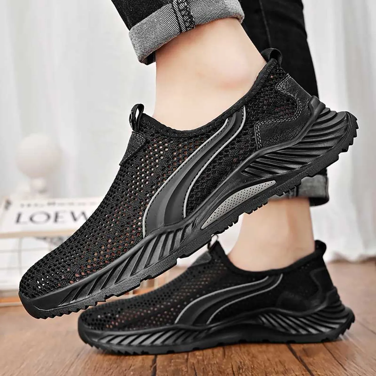 Black hollow out stripe slip on shoe sneaker