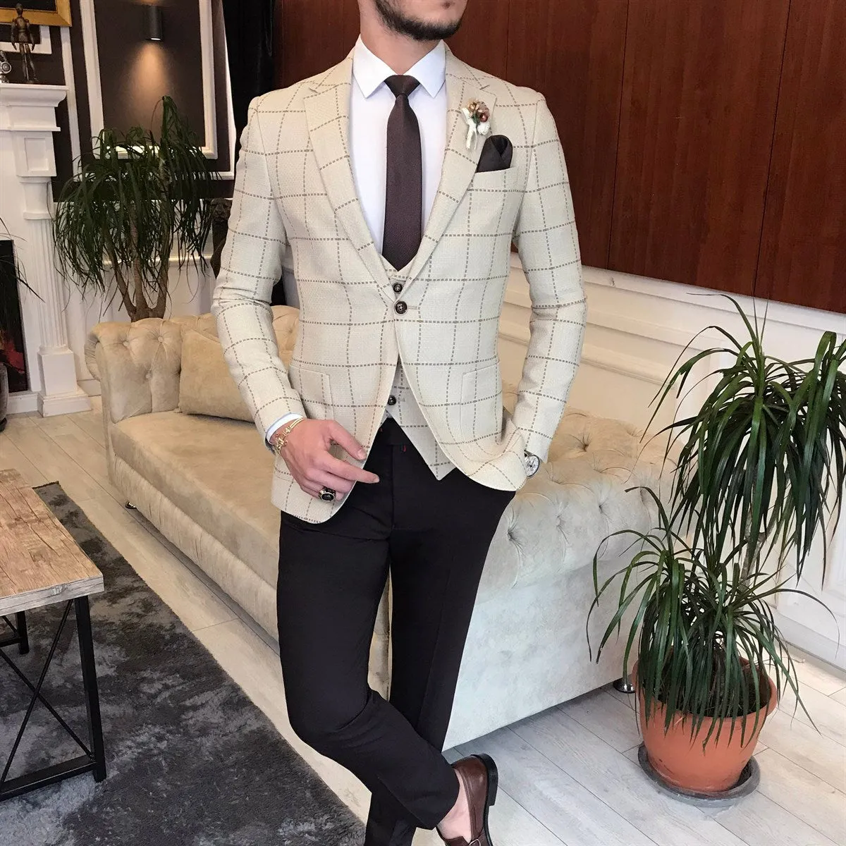 Bojoni Beige Plaid Slim-Fit Suit 3-Piece