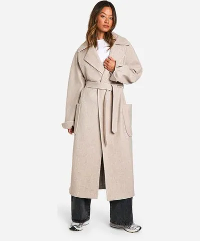 boohoo Womens Tall Contrast Stitch Belted Wool Look Coat