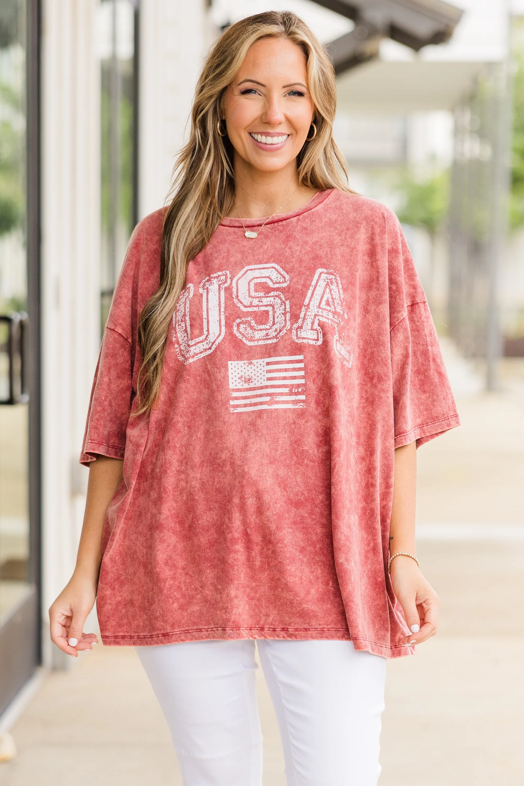 Classic American Acid Wash Boyfriend Tee, Burgundy