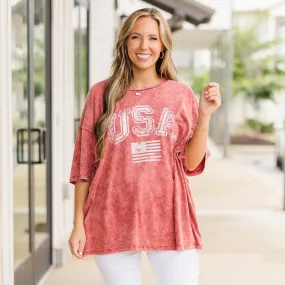 Classic American Acid Wash Boyfriend Tee, Burgundy