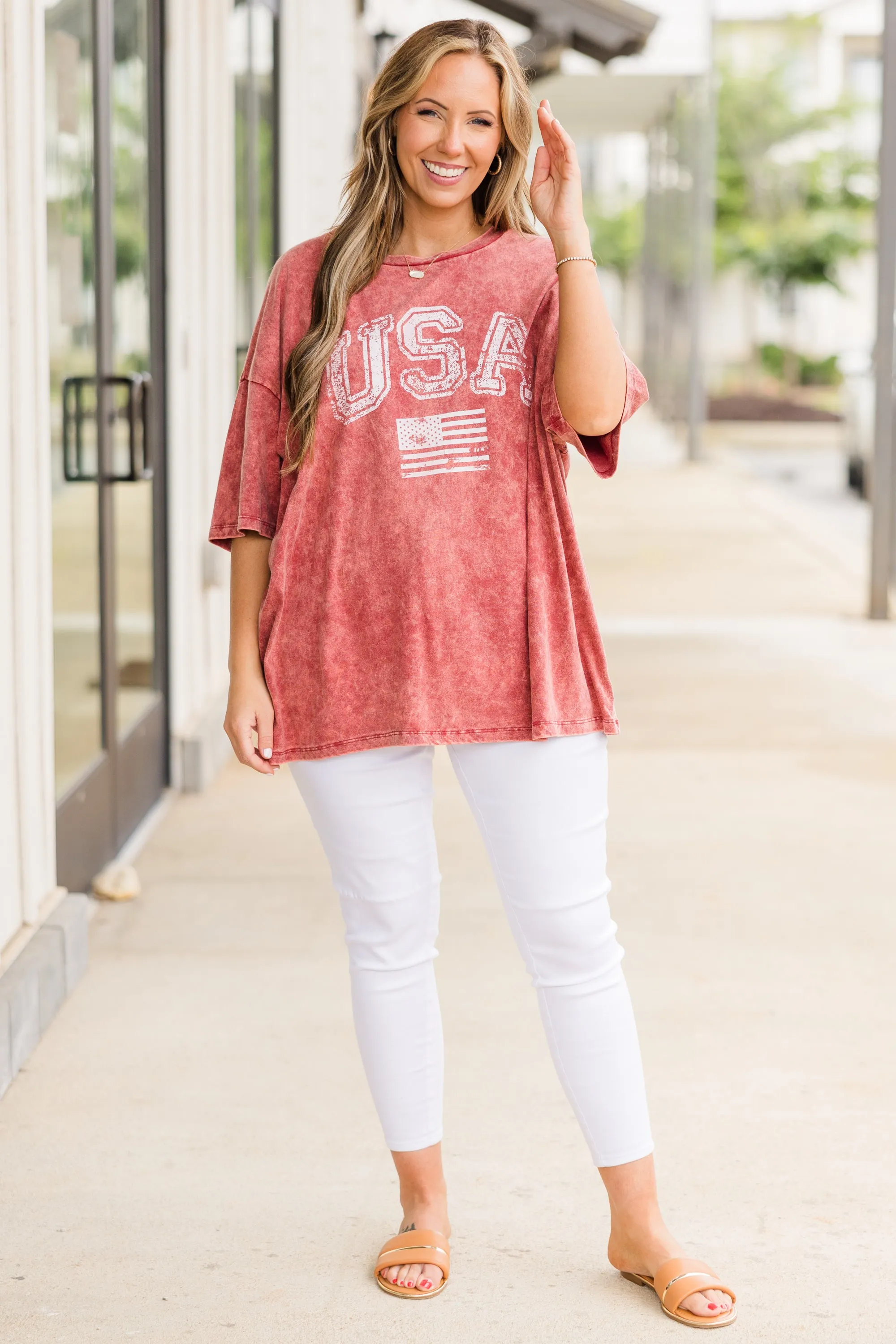 Classic American Acid Wash Boyfriend Tee, Burgundy