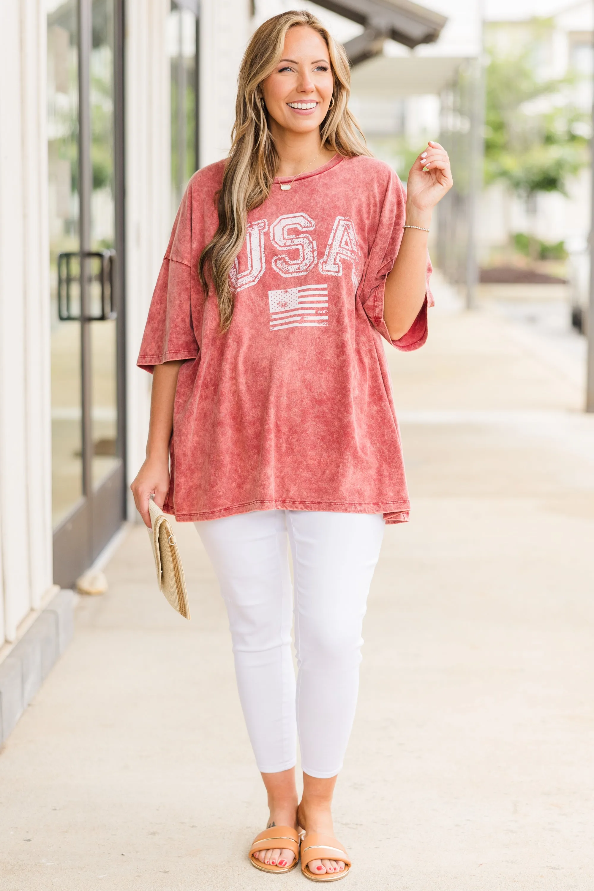 Classic American Acid Wash Boyfriend Tee, Burgundy