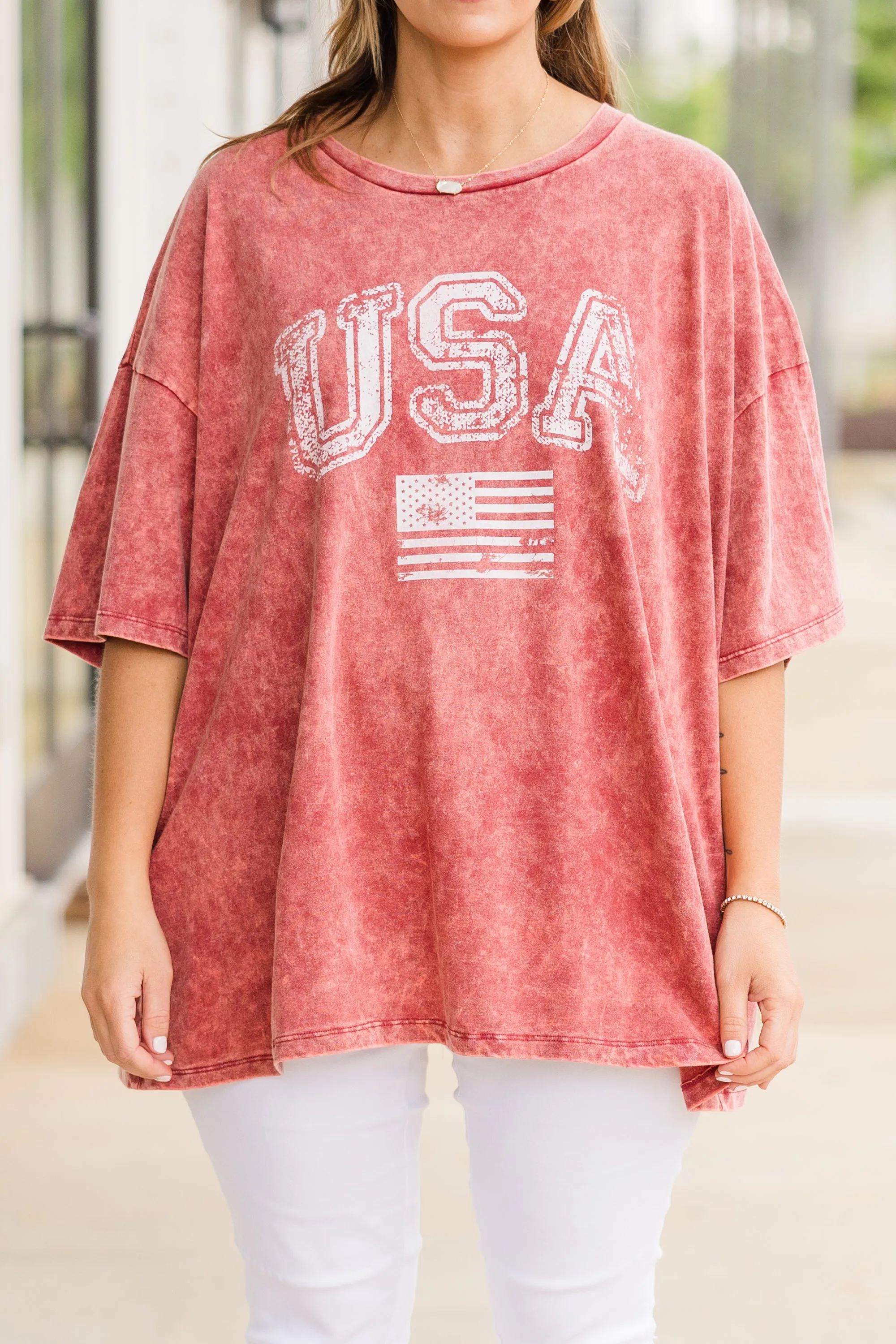 Classic American Acid Wash Boyfriend Tee, Burgundy