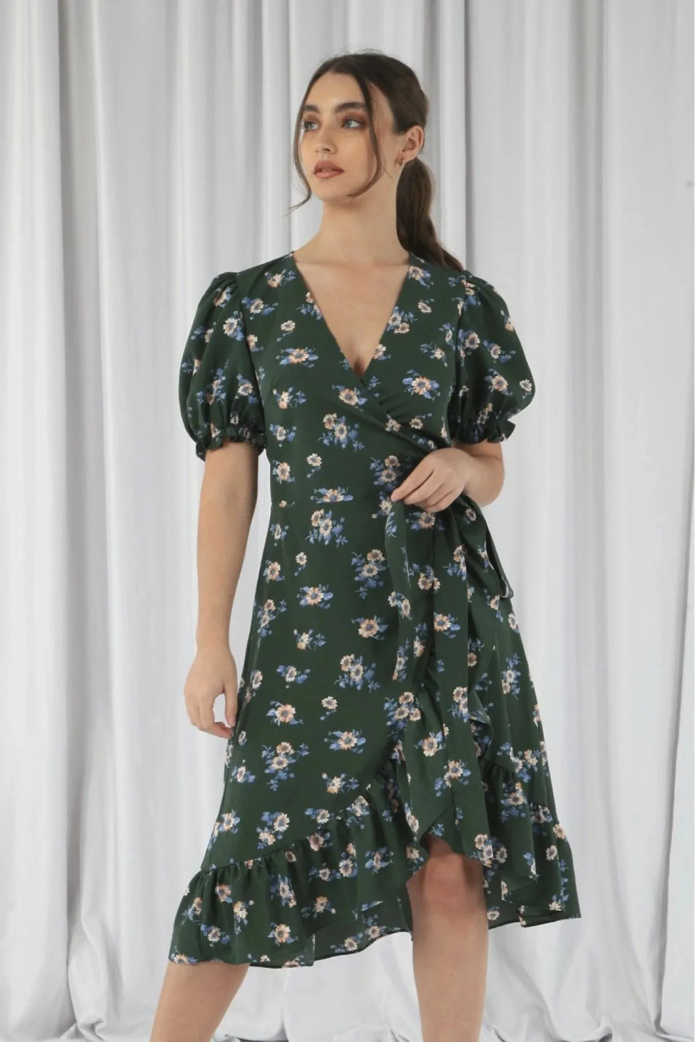 Double Second Printed Puff Sleeve Wrap Dress