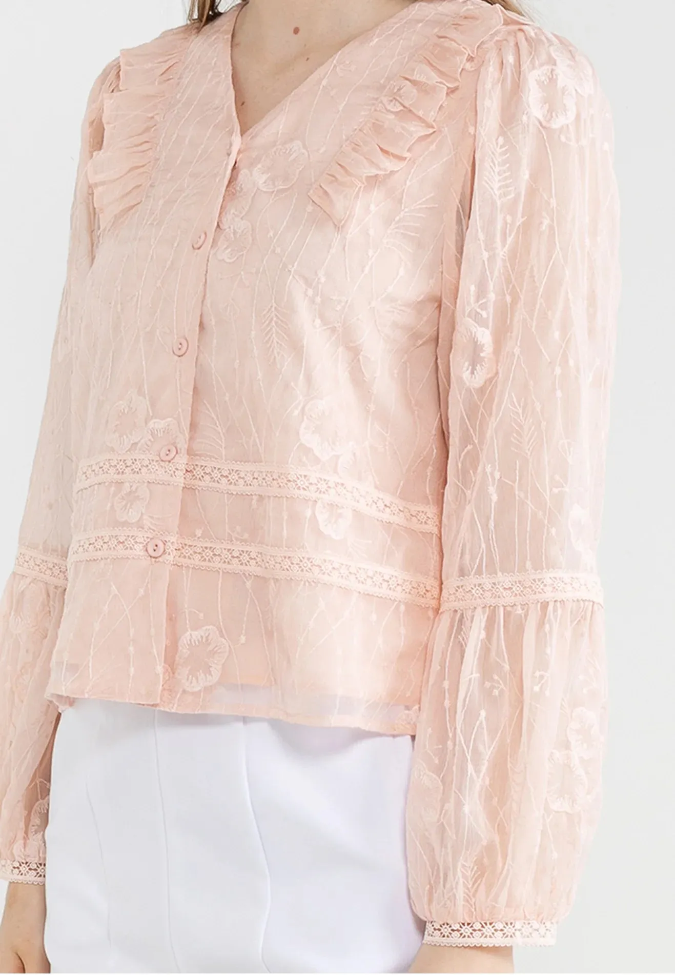 ELLE Apparel Blossom Lace Long Sleeves Button Blouse