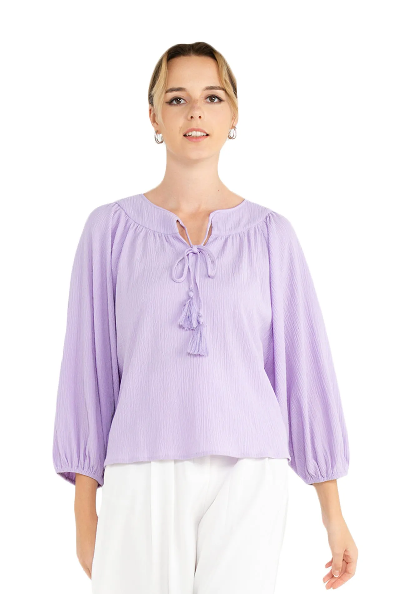 ELLE Apparel Dolman Sleeves Front Tie Blouse