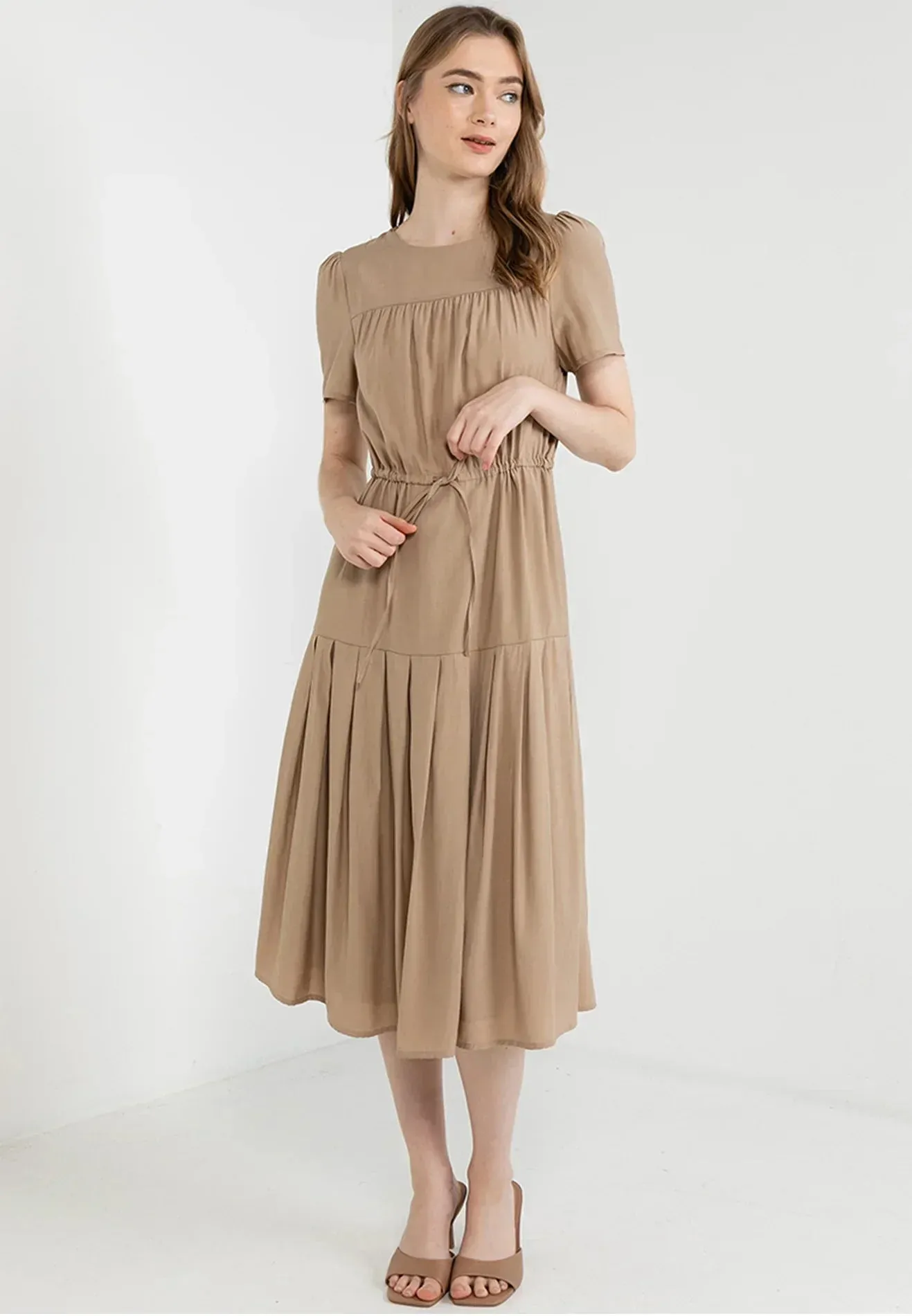 ELLE Apparel Elegance Drawstring Tiered Midi Dress