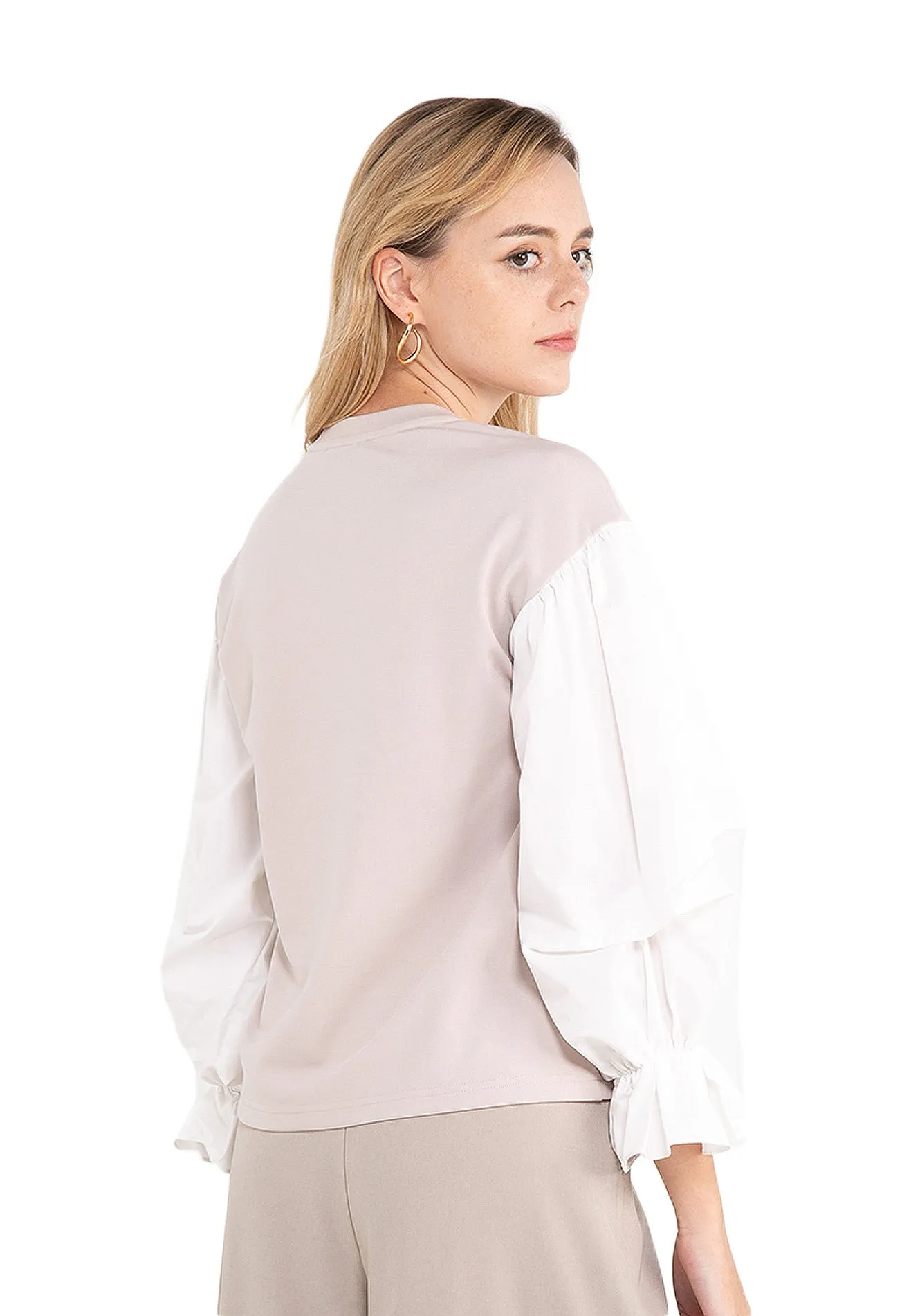 ELLE Apparel Puff Sleeves Knit And Poplin Top