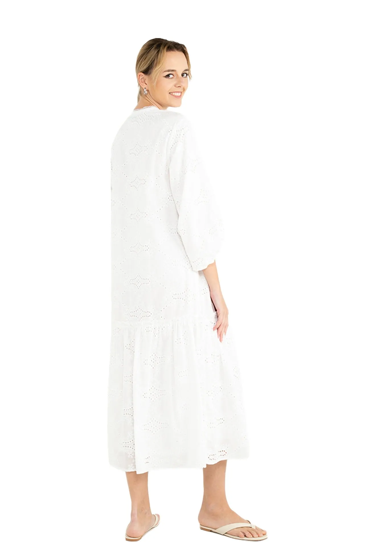 ELLE Apparel V-Neck Puff Sleeves Embroidered Long Dress