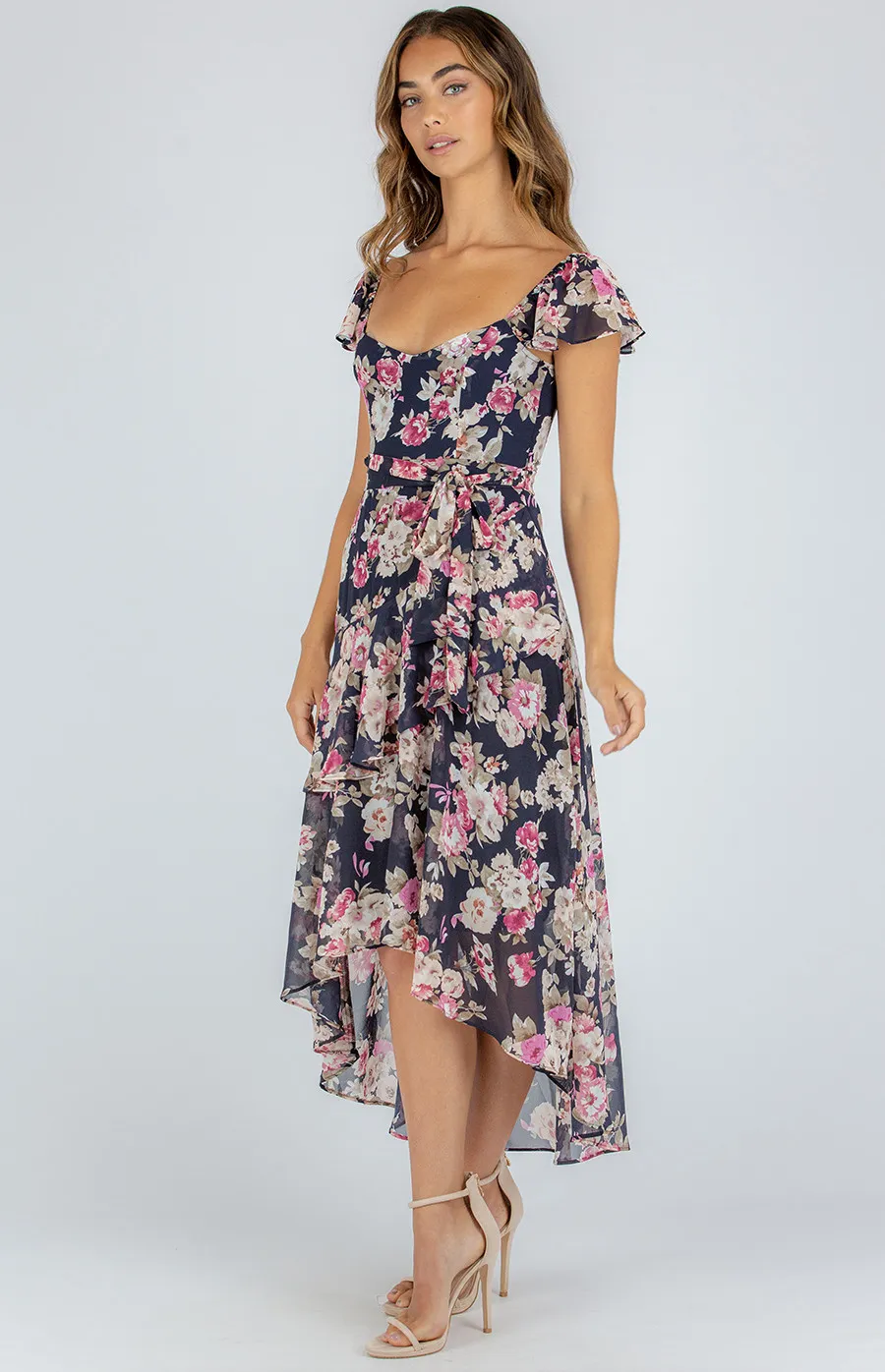 Floral Butterfly Sleeve Tiered Maxi Dress (ADR1111A)