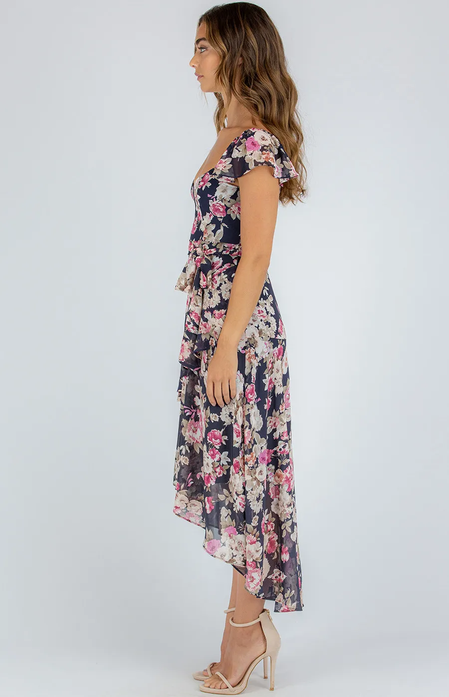 Floral Butterfly Sleeve Tiered Maxi Dress (ADR1111A)