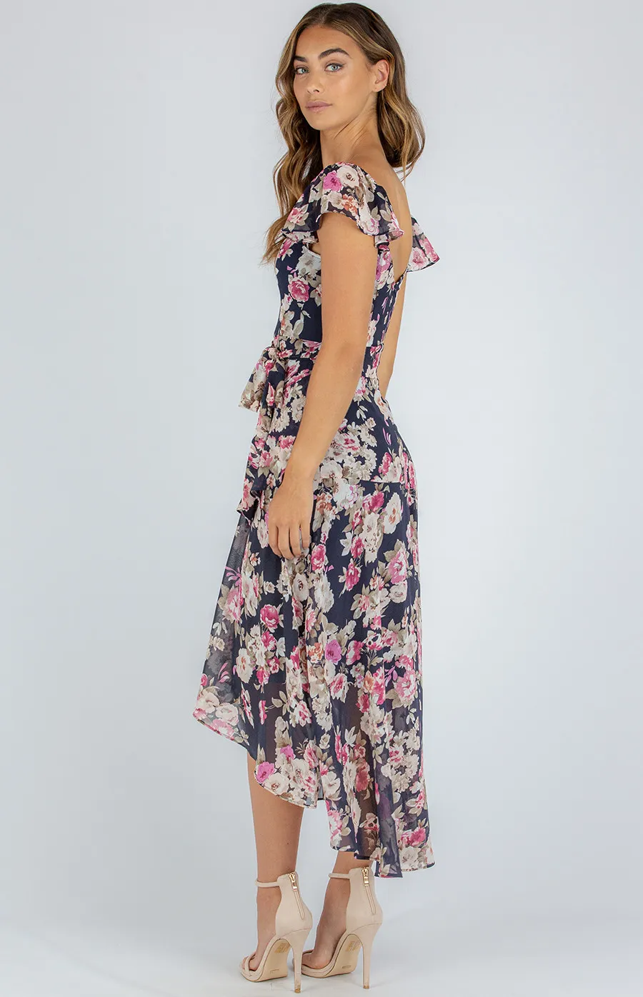 Floral Butterfly Sleeve Tiered Maxi Dress (ADR1111A)