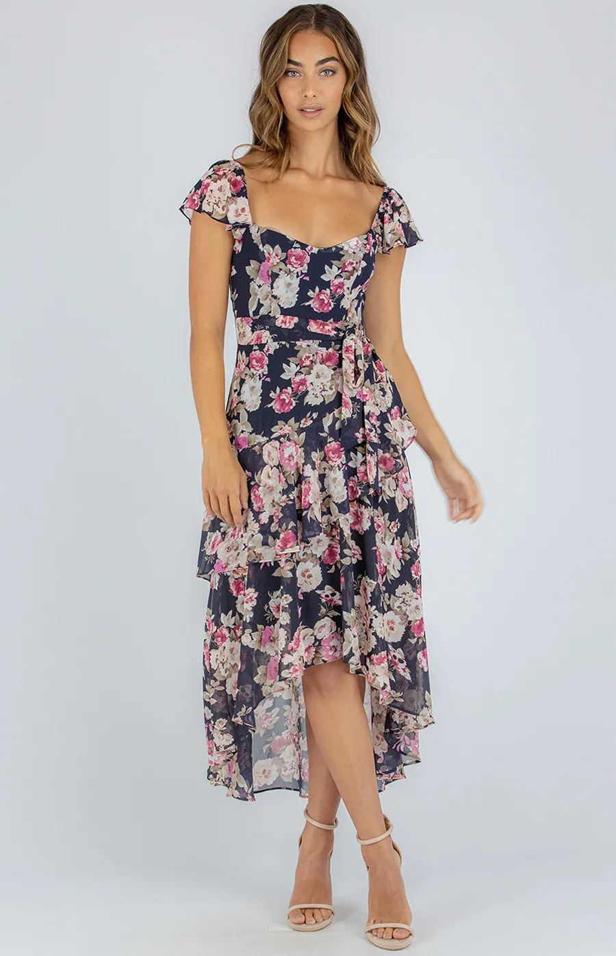 Floral Butterfly Sleeve Tiered Maxi Dress (ADR1111A)