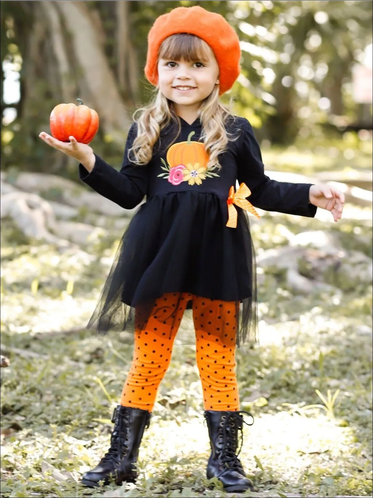 Girls Floral Pumpkin Peplum Tutu Hoodie with Bow And Polka Dot Legging Set