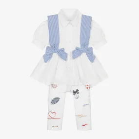 Girls White Cotton Nautical Leggings Set