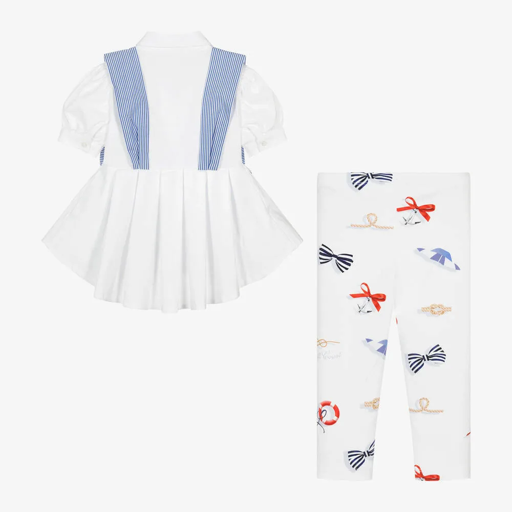 Girls White Cotton Nautical Leggings Set