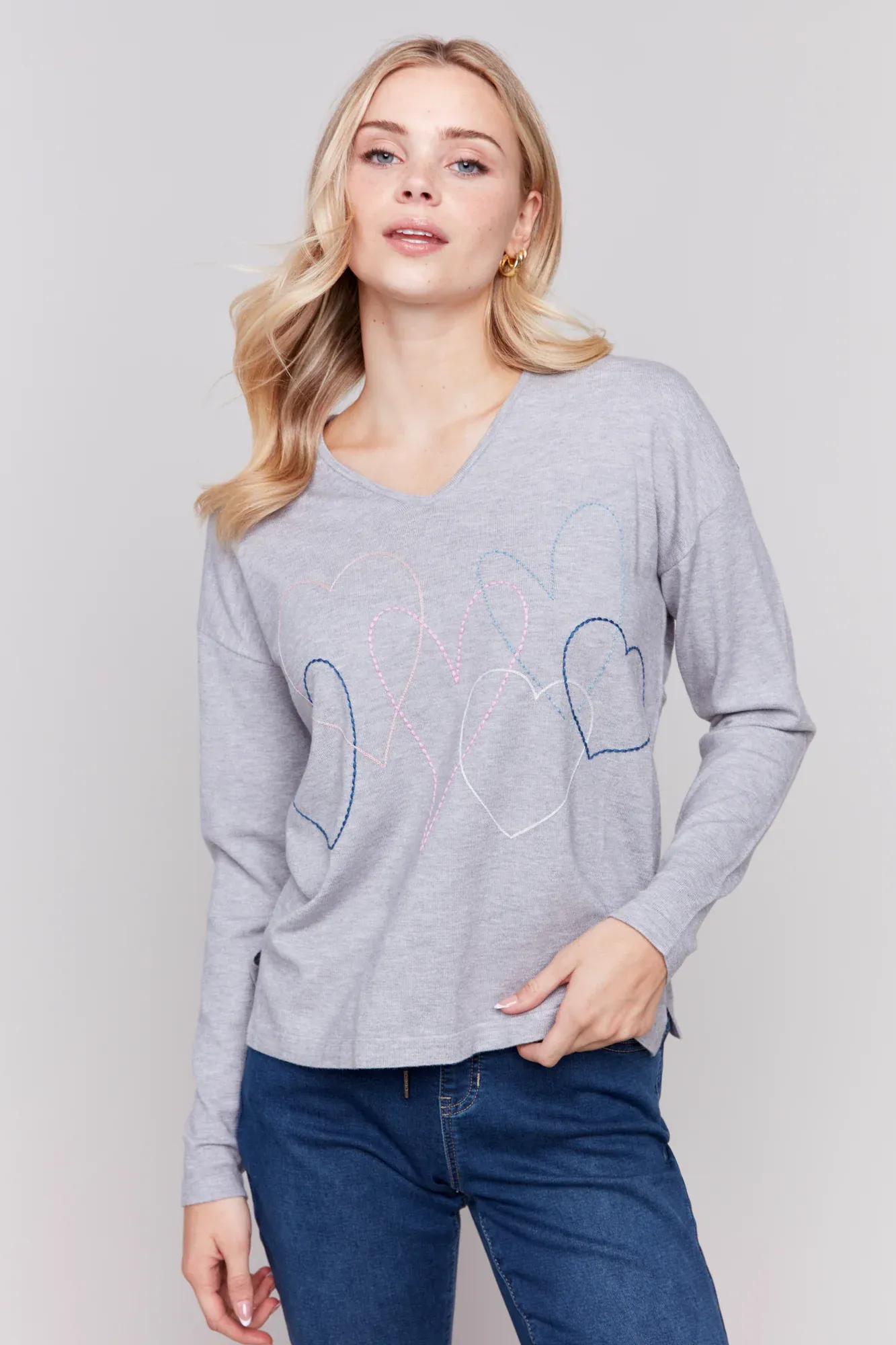 Heart Stitch V Neck Sweater-