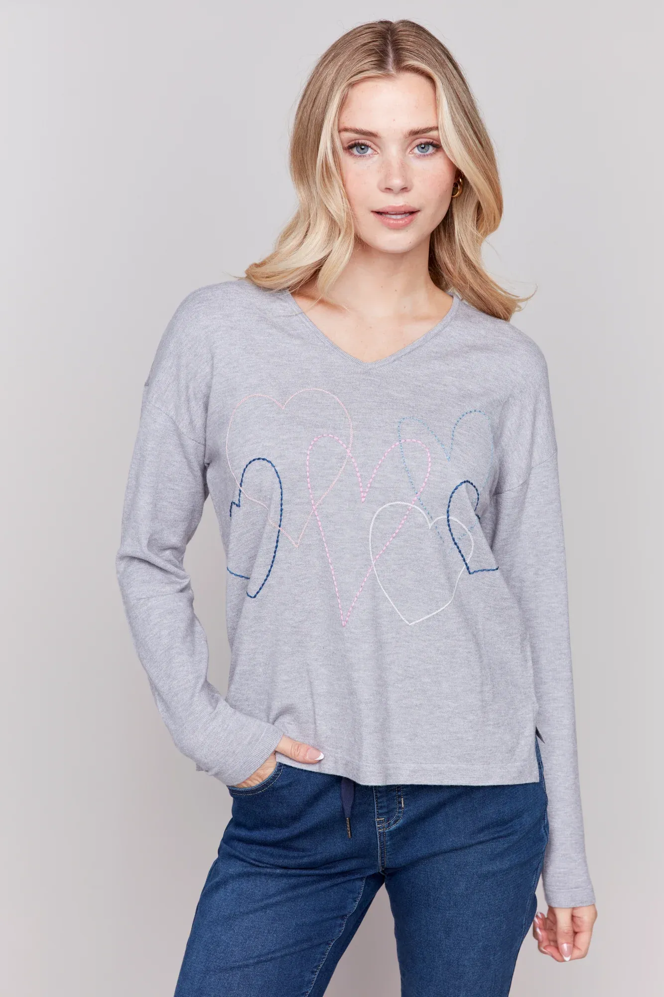 Heart Stitch V Neck Sweater-