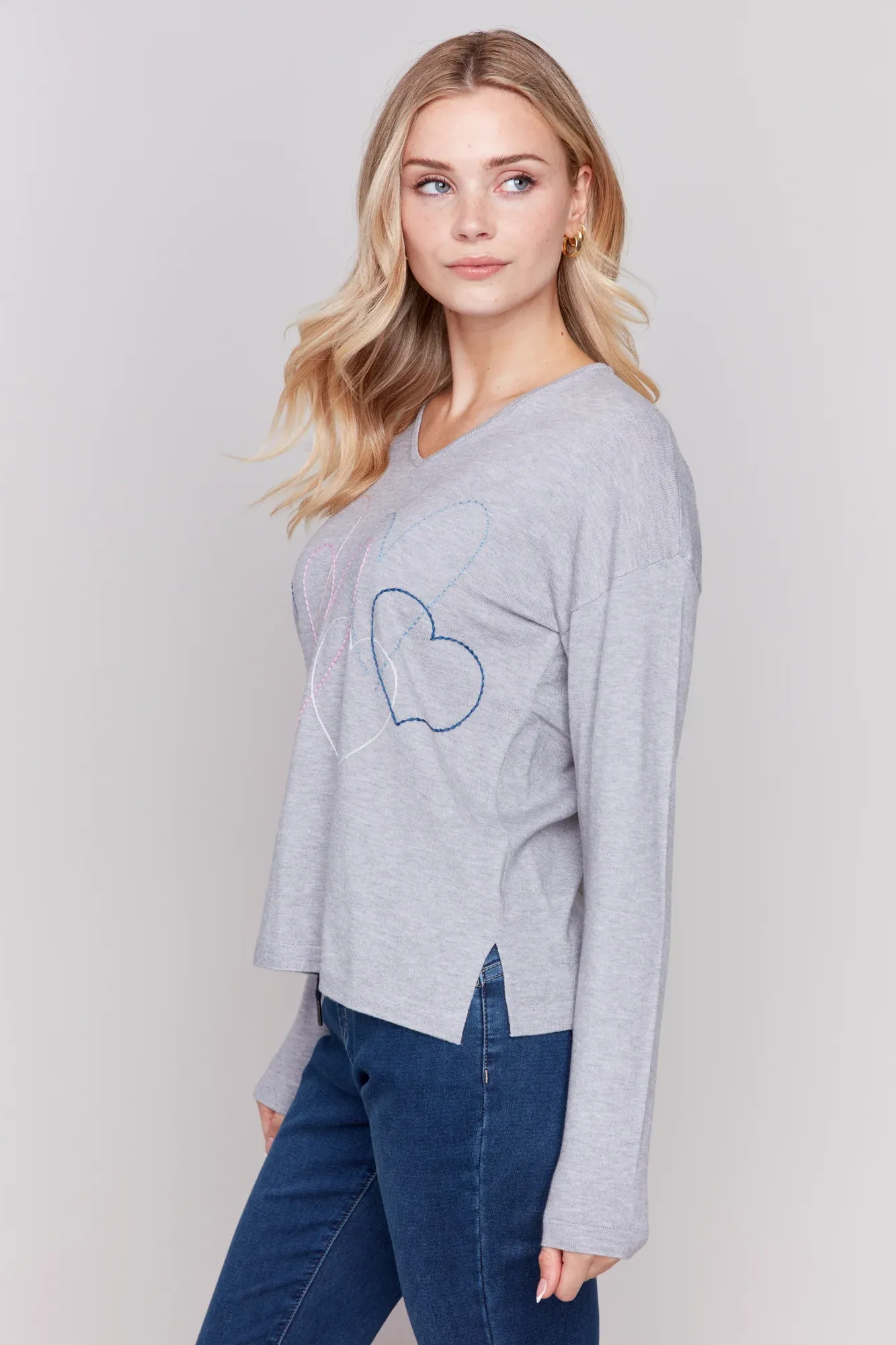 Heart Stitch V Neck Sweater-