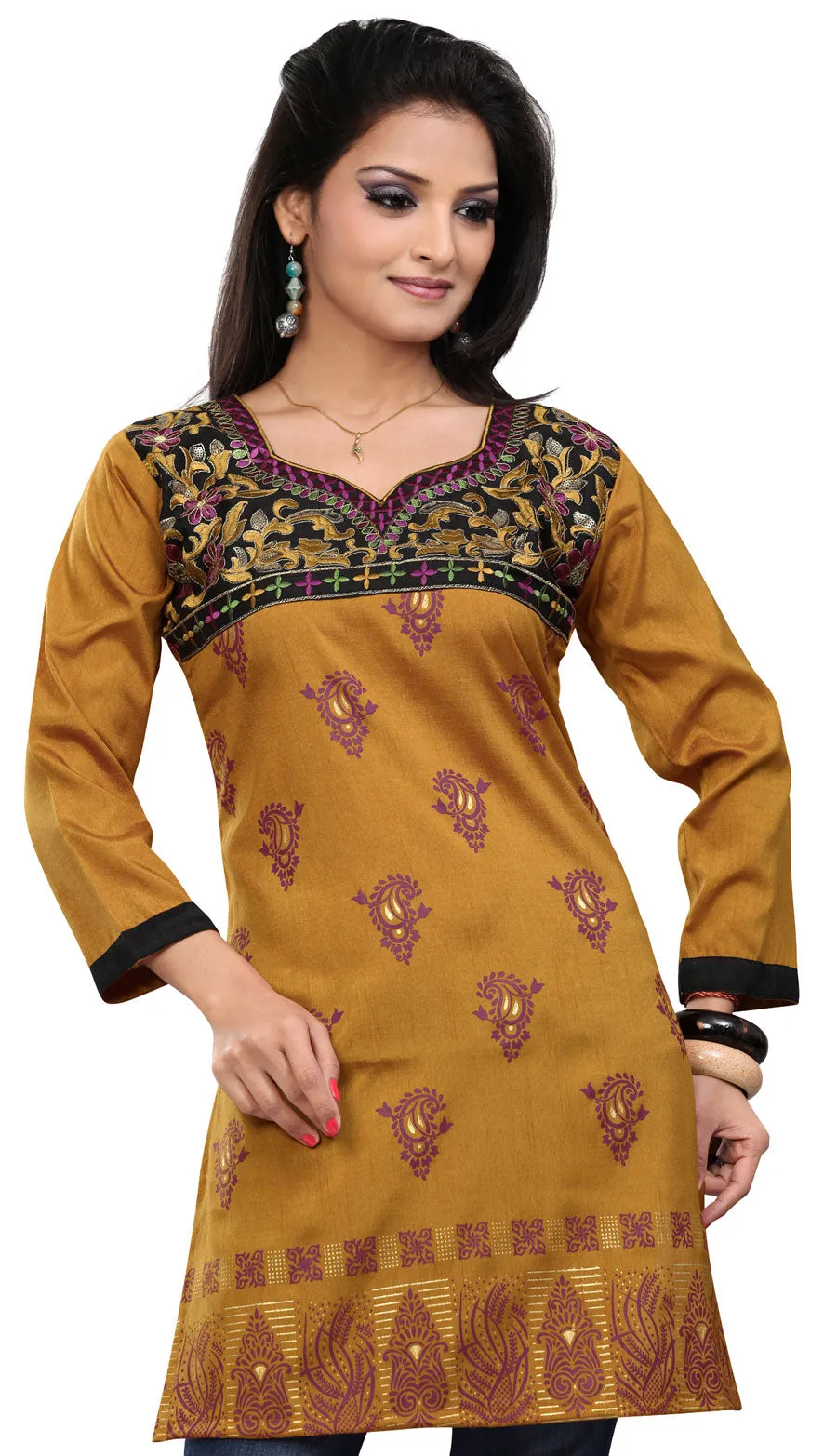 India Tunic Top Kurti Womens Long Embroidered Blouse Indian Apparel (Brown)