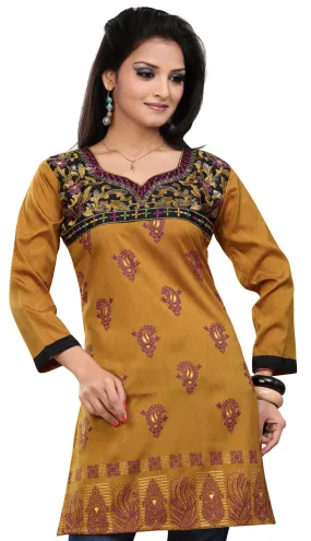 India Tunic Top Kurti Womens Long Embroidered Blouse Indian Apparel (Brown)