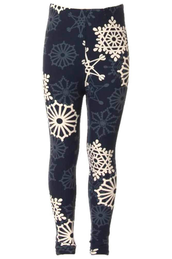 Kid's B&W Crochet Flower in Navy Pattern Printed Leggings