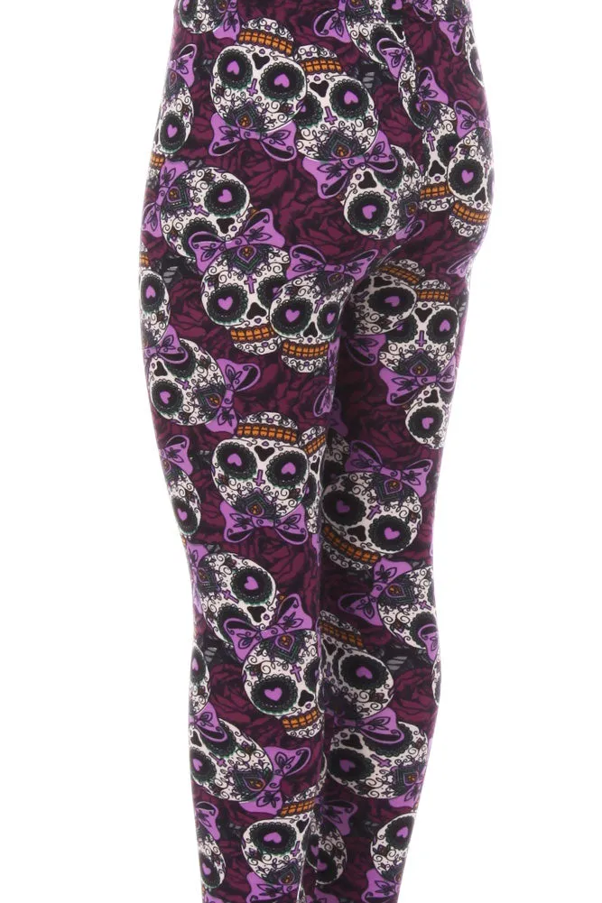 Kid's Purple Sugar Skull Ribbon Pattern Printed Leggings