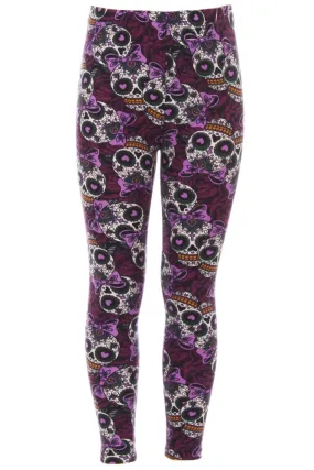 Kid's Purple Sugar Skull Ribbon Pattern Printed Leggings