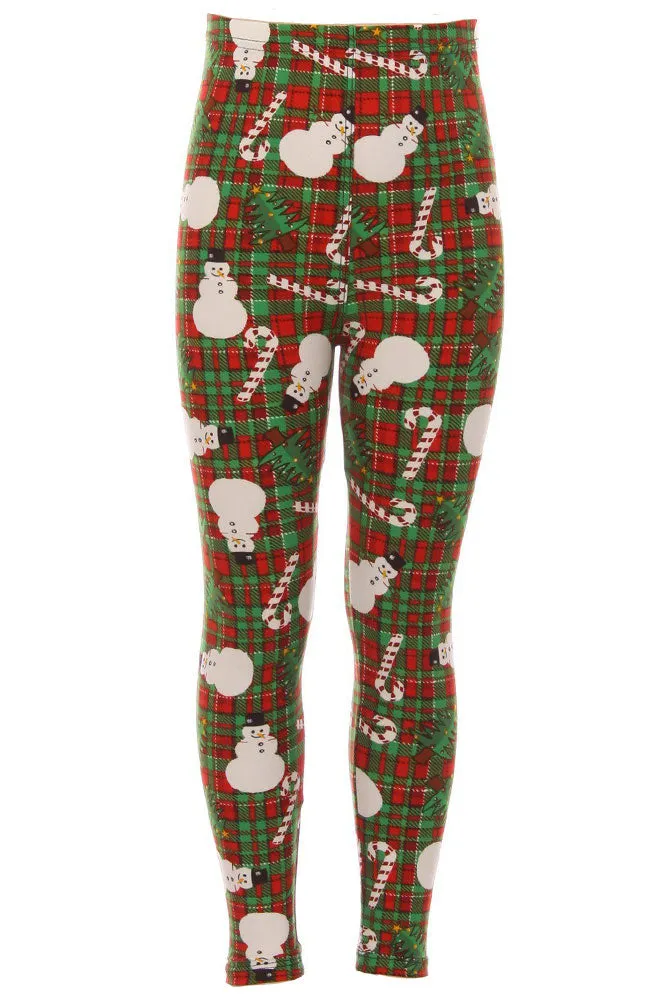 Kid's Snowman Candy Cane Plaid Pattern Printed Leggings