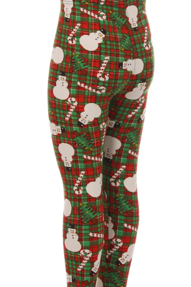 Kid's Snowman Candy Cane Plaid Pattern Printed Leggings