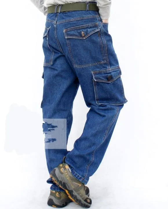 Men's Casual Cotton Baggy Pocket Decor Mid Waist Denim Cargo Trousers