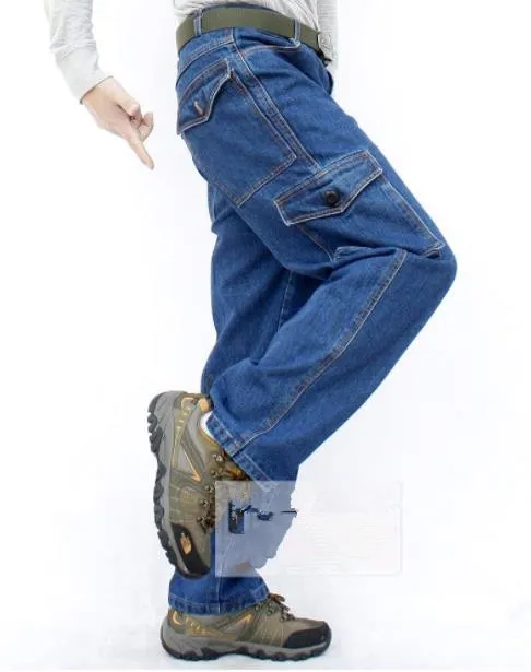 Men's Casual Cotton Baggy Pocket Decor Mid Waist Denim Cargo Trousers