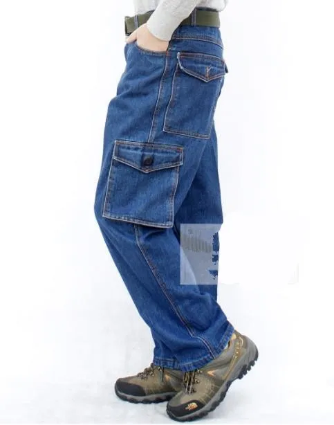 Men's Casual Cotton Baggy Pocket Decor Mid Waist Denim Cargo Trousers