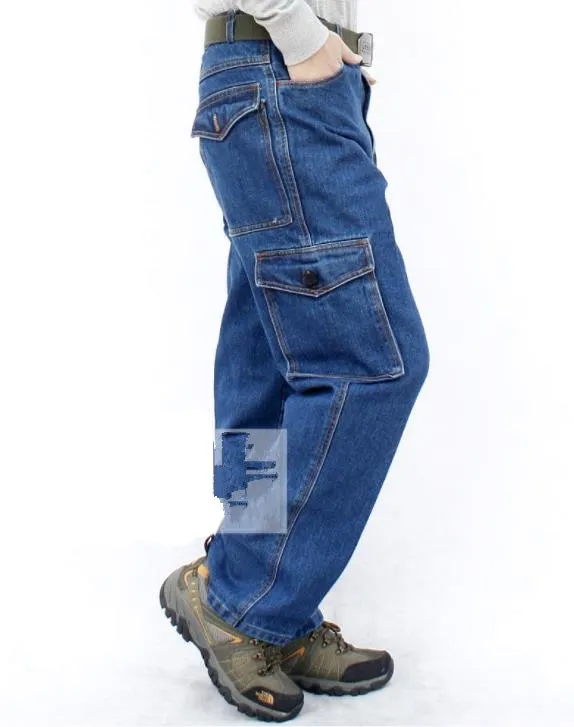 Men's Casual Cotton Baggy Pocket Decor Mid Waist Denim Cargo Trousers