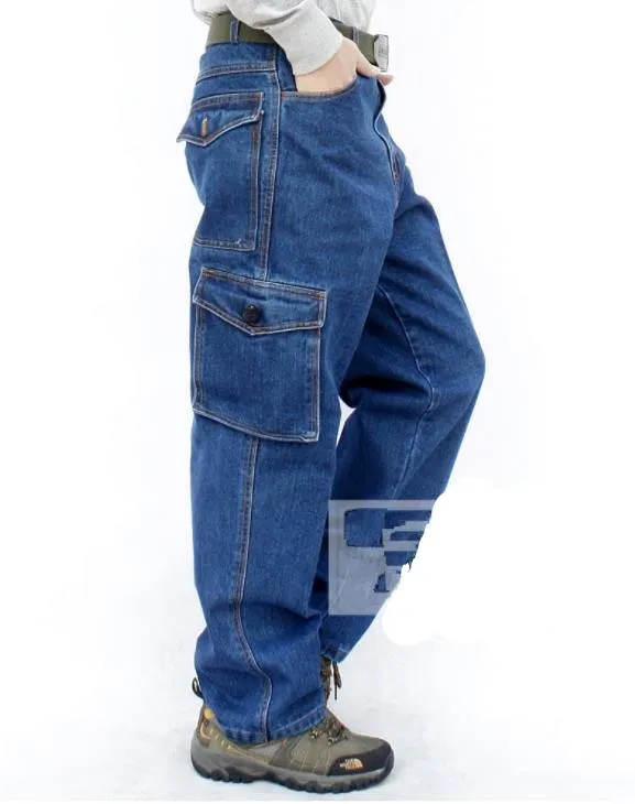 Men's Casual Cotton Baggy Pocket Decor Mid Waist Denim Cargo Trousers