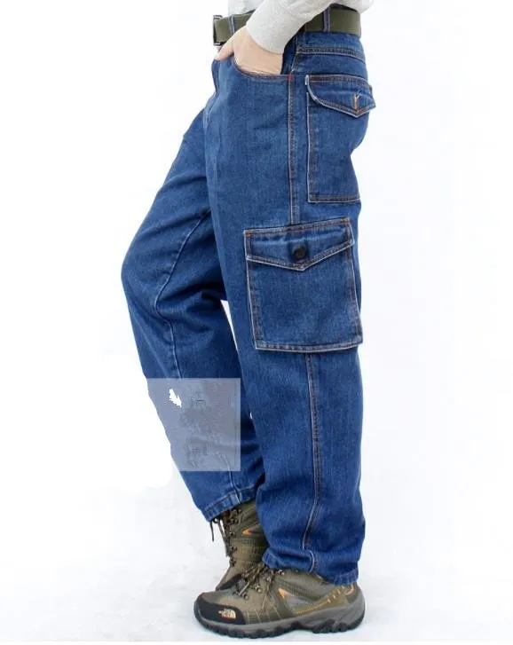 Men's Casual Cotton Baggy Pocket Decor Mid Waist Denim Cargo Trousers