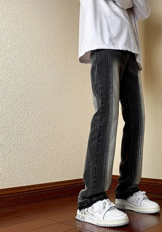 Men's Vintage Stonewash Pattern Straight Slim Fit Jeans Trousers