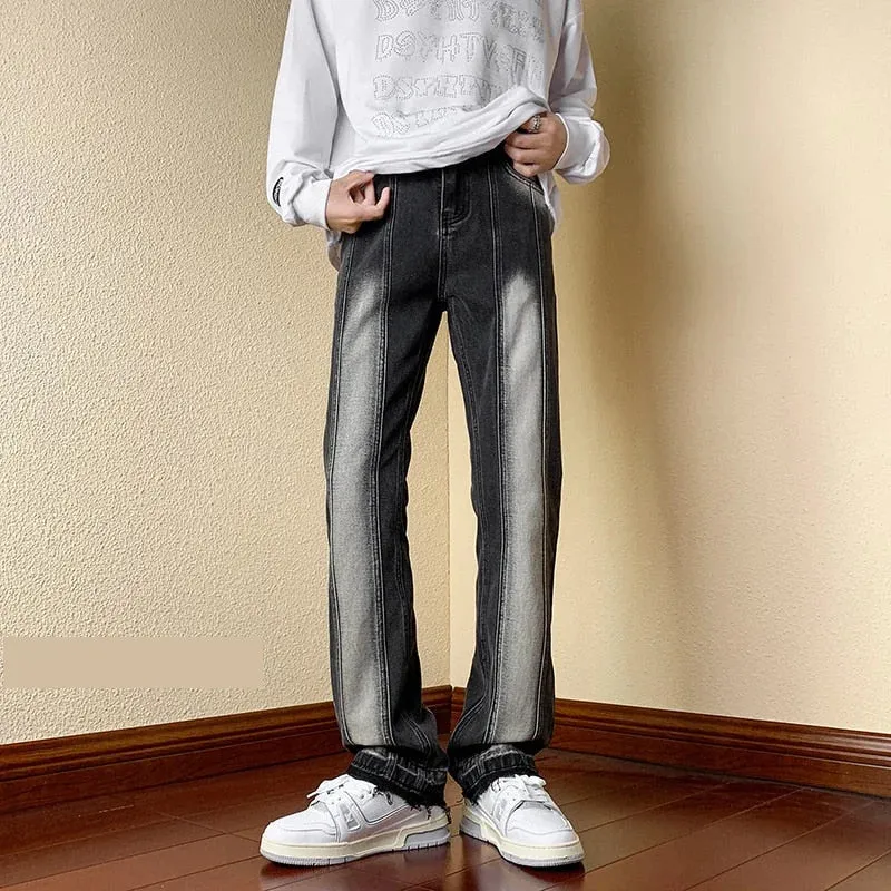 Men's Vintage Stonewash Pattern Straight Slim Fit Jeans Trousers