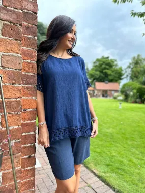 Navy Crochet Trim Top Rachel