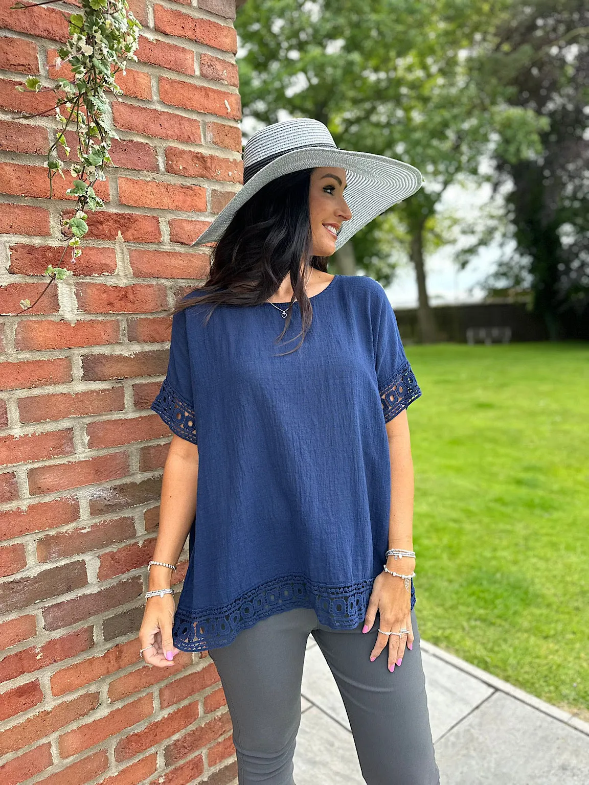 Navy Crochet Trim Top Rachel