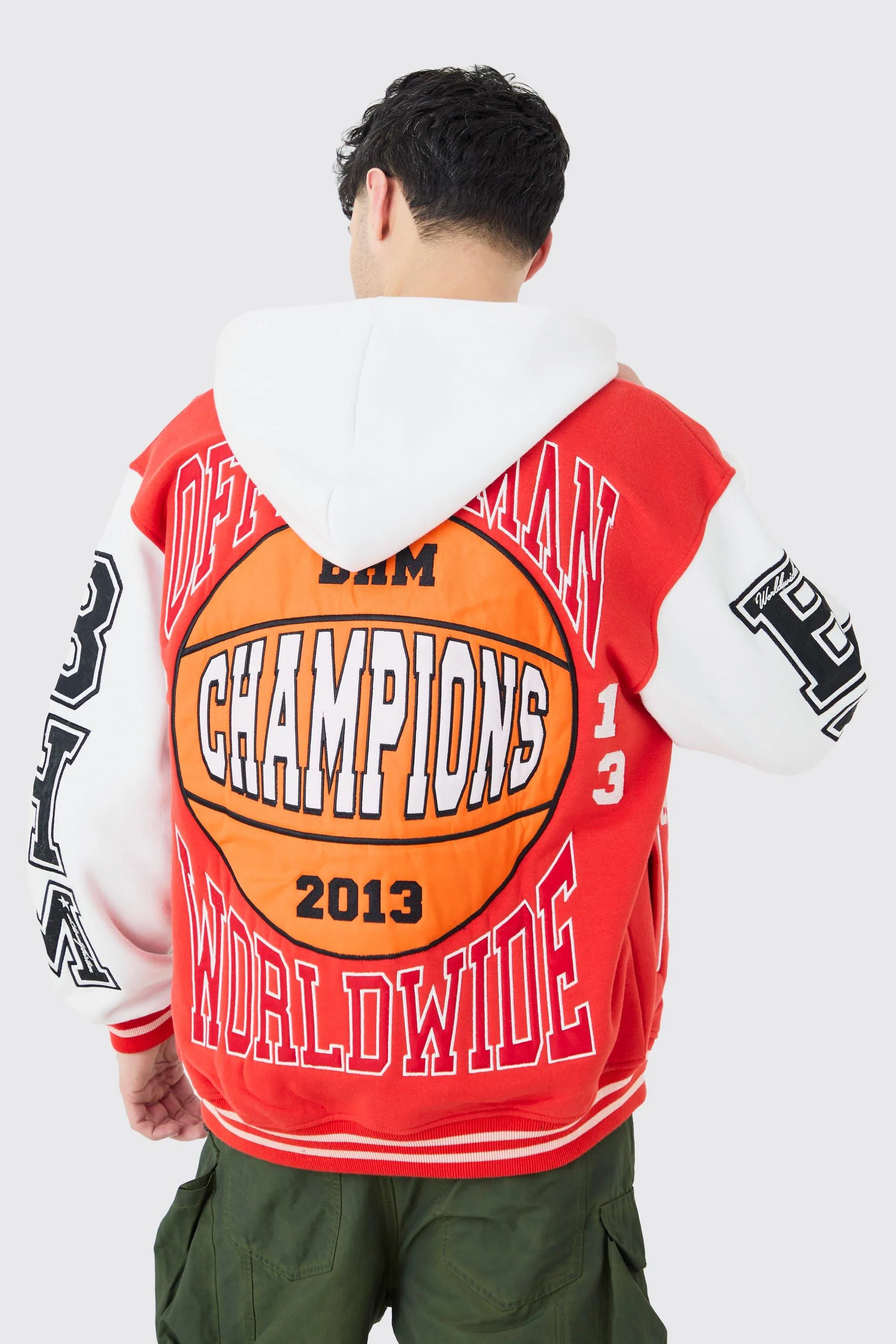 Oversized Applique Basketball Jersey Varsity Jacket | boohooMAN UK