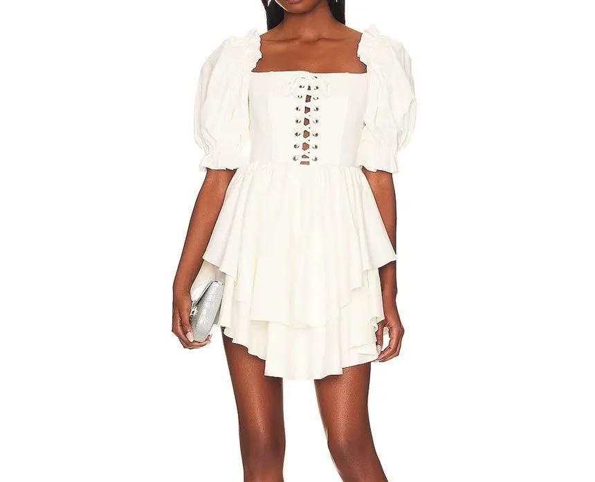 Puff-Sleeve Plain Lace-Up Asymmetrical Mini A-Line Dress kk7